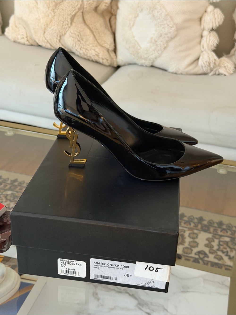 Saint Laurent Black Patent Leather Heels with Gold YSL Logo Heel